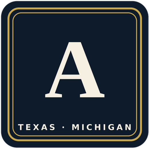 Ascend emblem: gold-bordered navy square with a serif A over Texas · Michigan